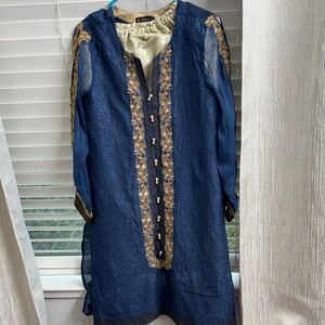 Navy Blue Embroidered Tunic with Gold Accents